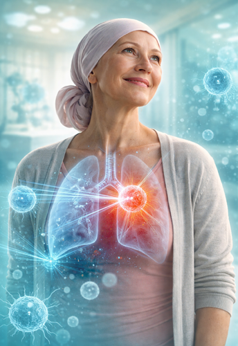 A cancer survivor beside a regenerative lung visualization